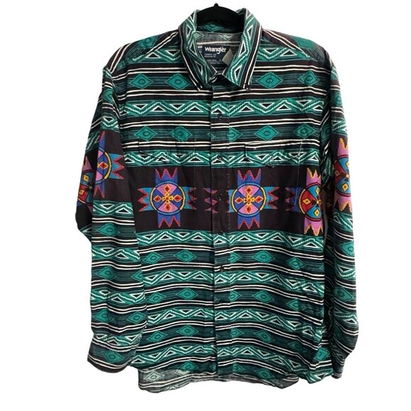 Wrangler Western Shirt Mens Large‎ 17-35 Geometric Aztec Cowboy Cut USA - Picture 1 of 5